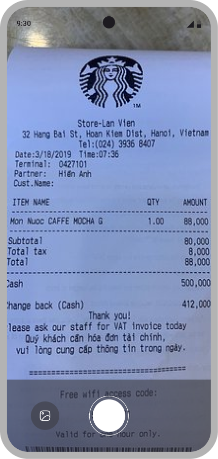 Scanning a receipt in the Zius mobile app